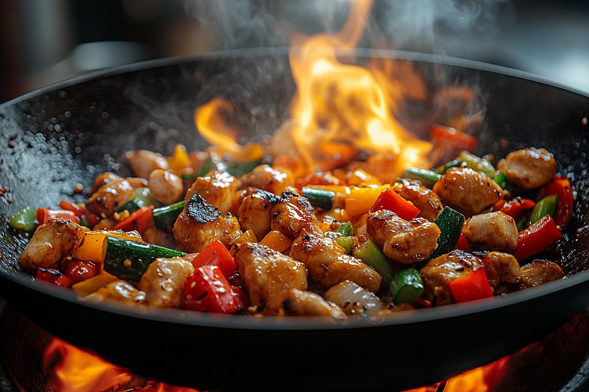 Vegetables and chicken stir-fried in a wok with flames