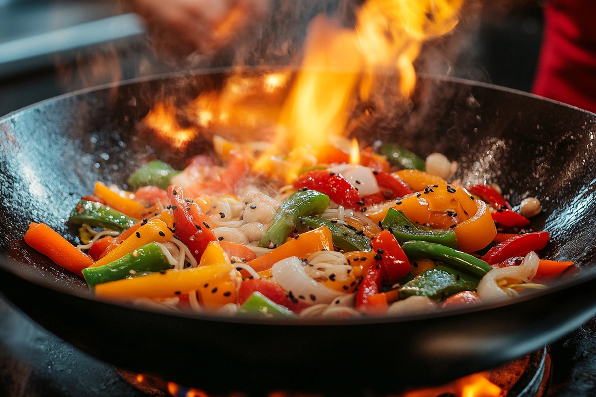 Chef stir-frying vegetables in a wok over high heat.