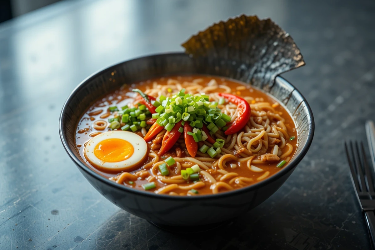 Close-up view of steaming spicy ramen topped with vegetables