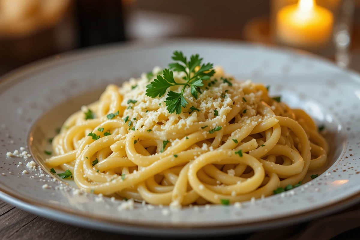  Creamy Alfredo pasta garnished with cheese and parsley