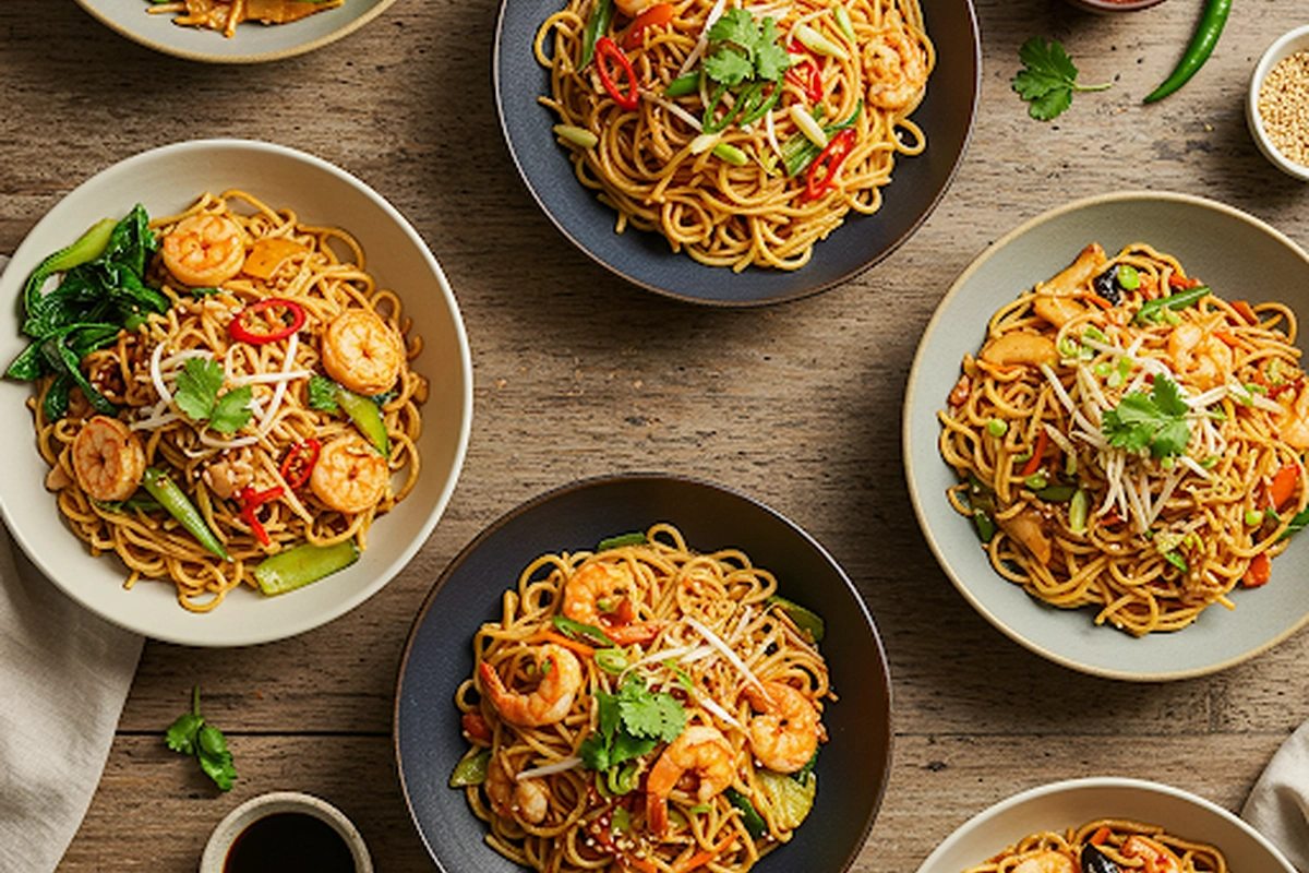 Various noodle dishes from around the world displayed on a table