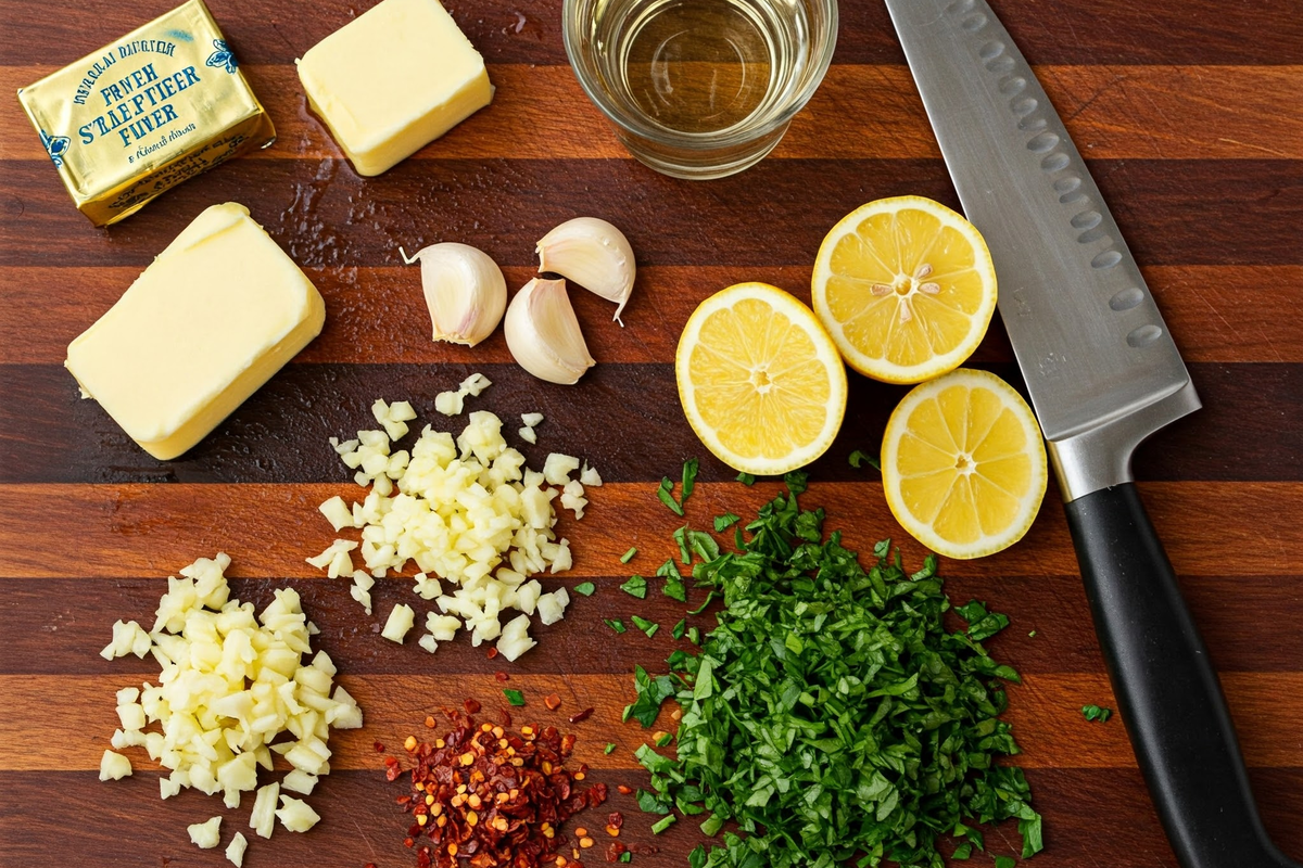 Ingredients for making shrimp scampi sauce