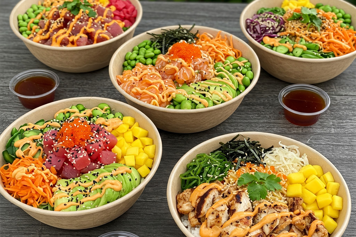 Four different poke bowl variations with unique toppings.