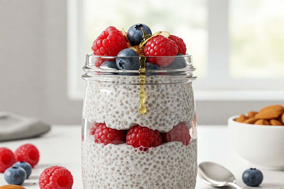 Delicious homemade chia pudding topped with berries and nuts.