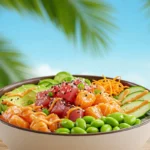 A colorful poke bowl with fresh fish, avocado, and sesame seeds.