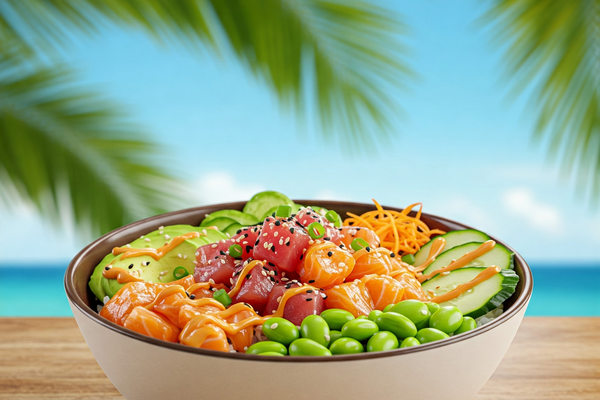 A colorful poke bowl with fresh fish, avocado, and sesame seeds.