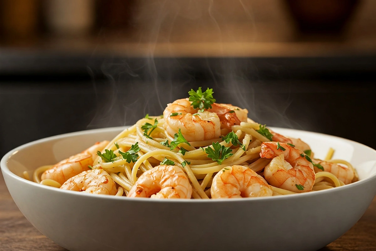 Shrimp scampi with linguine pasta, sprinkled with parsley