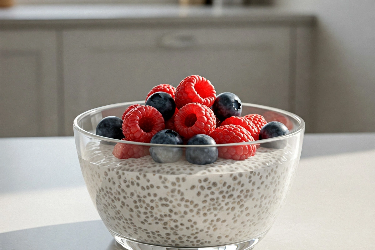 Creamy chia seed pudding topped with fresh berries in a bright kitchen