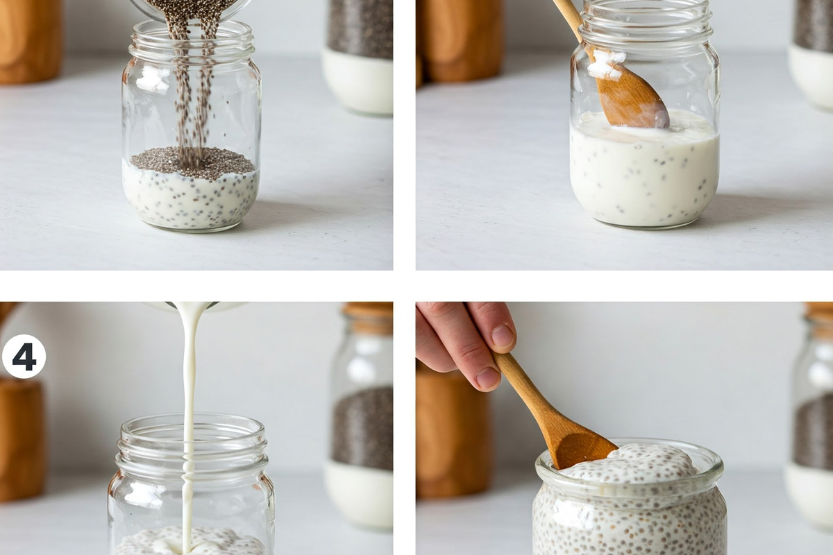 Step-by-step process of making chia pudding