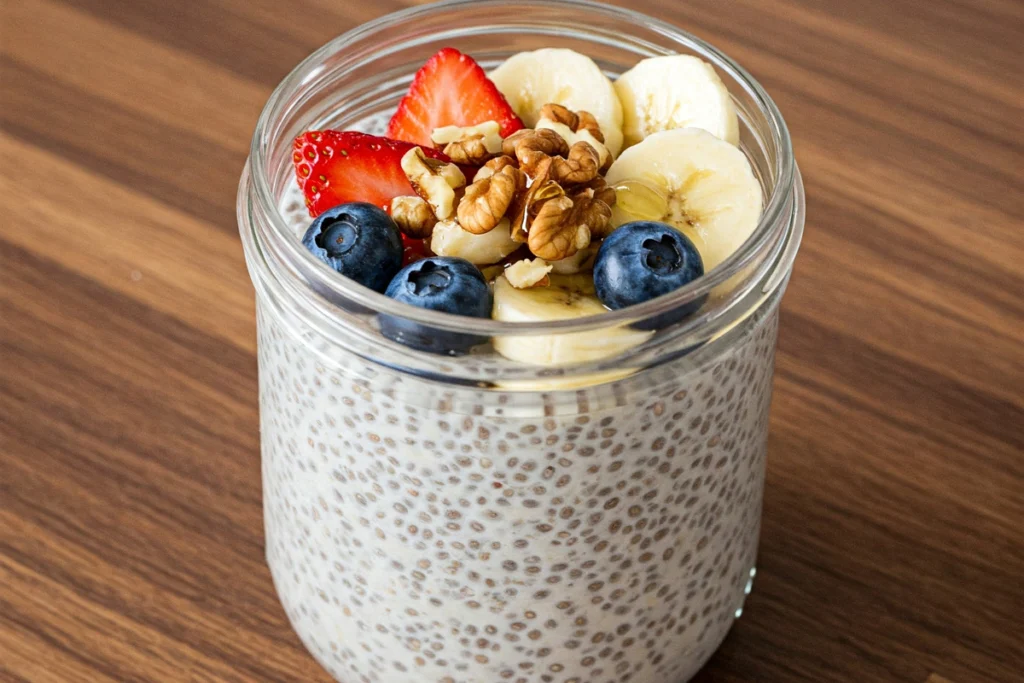 Chia pudding in a glass jar topped with fresh fruits and honey