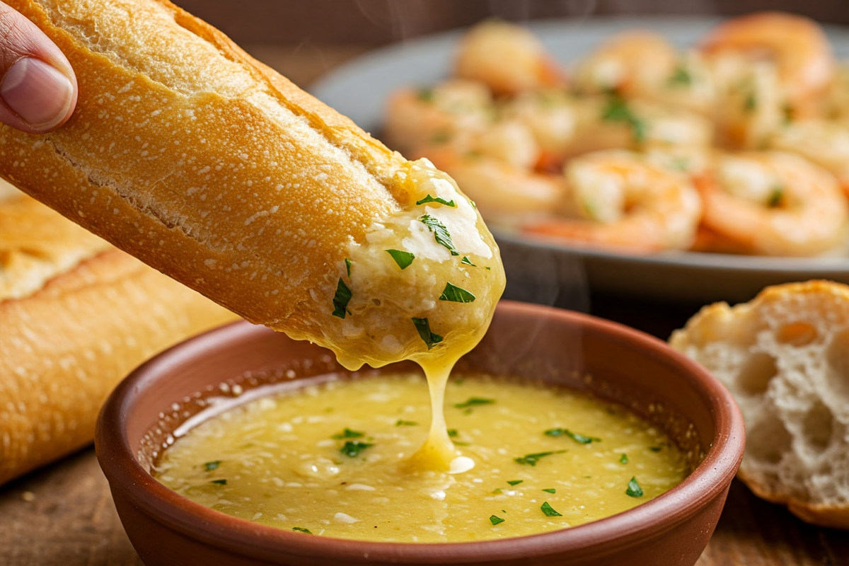 Bread dipped into shrimp scampi sauce