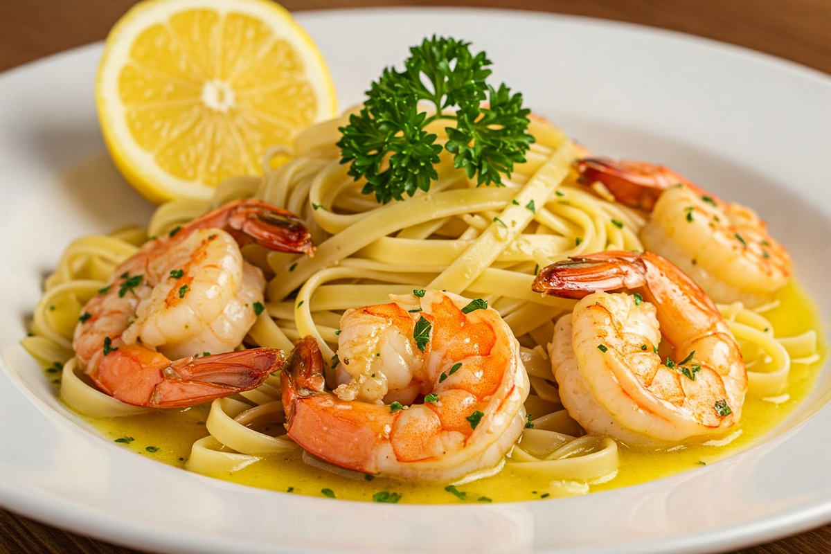 Shrimp scampi served over pasta with lemon and parsley