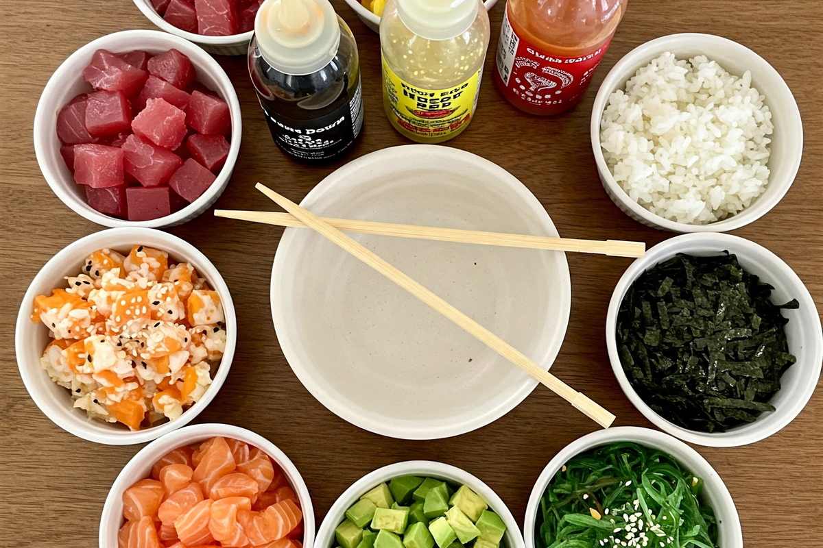 DIY poke bowl ingredients arranged in separate bowls.