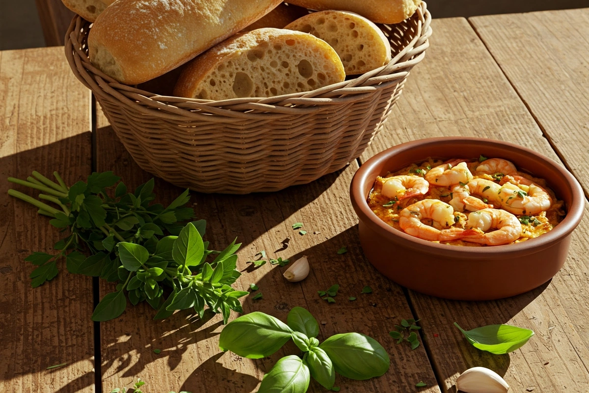  Fresh ciabatta bread beside a dish of shrimp scampi sauce