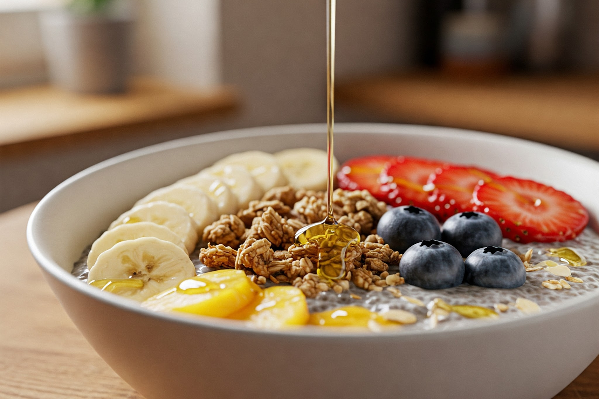 Chia pudding bowl with fresh fruits and granola.