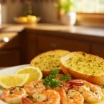 Plate of shrimp scampi with garlic bread and lemon wedges