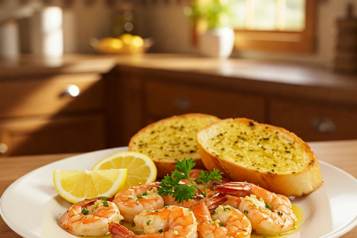 Plate of shrimp scampi with garlic bread and lemon wedges