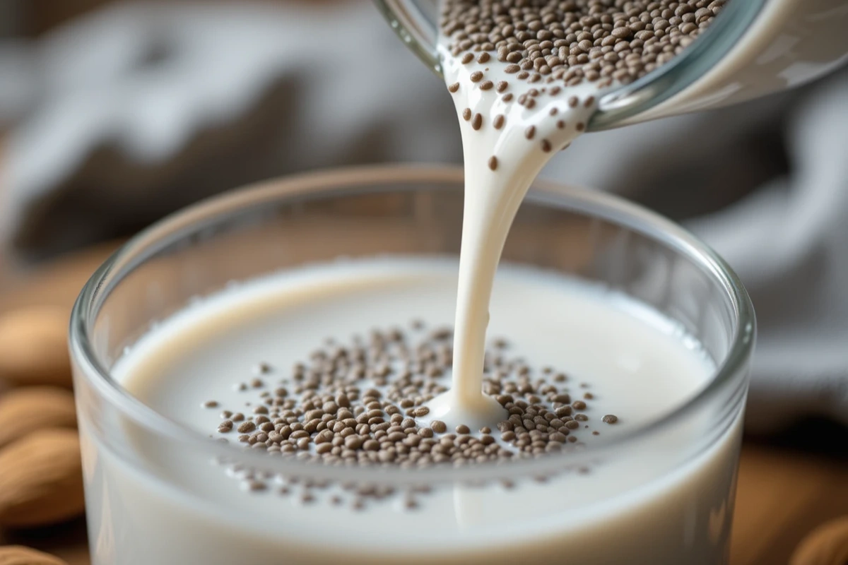 Chia seeds soaking in almond milk