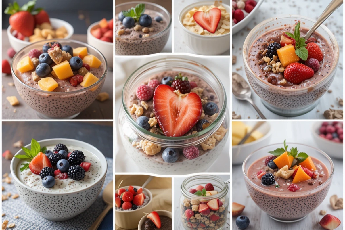 Various chia seed pudding bowls with different fruit toppings